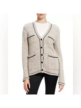 Theory Cream Wool Yak Blend Cardigan Black Trim Button Knit Sweater Small 0348